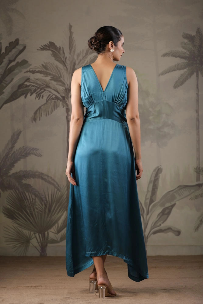 Teal Blue Dress with Hand Painted Black Scarf