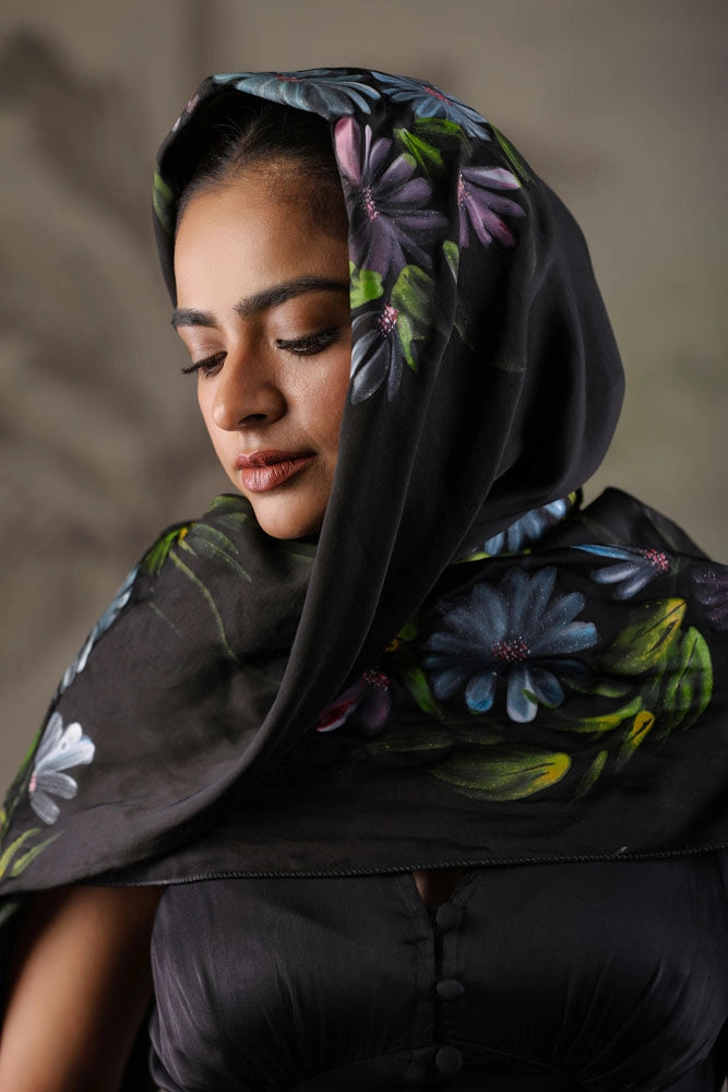 Black Dress with Hand Painted Black Scarf