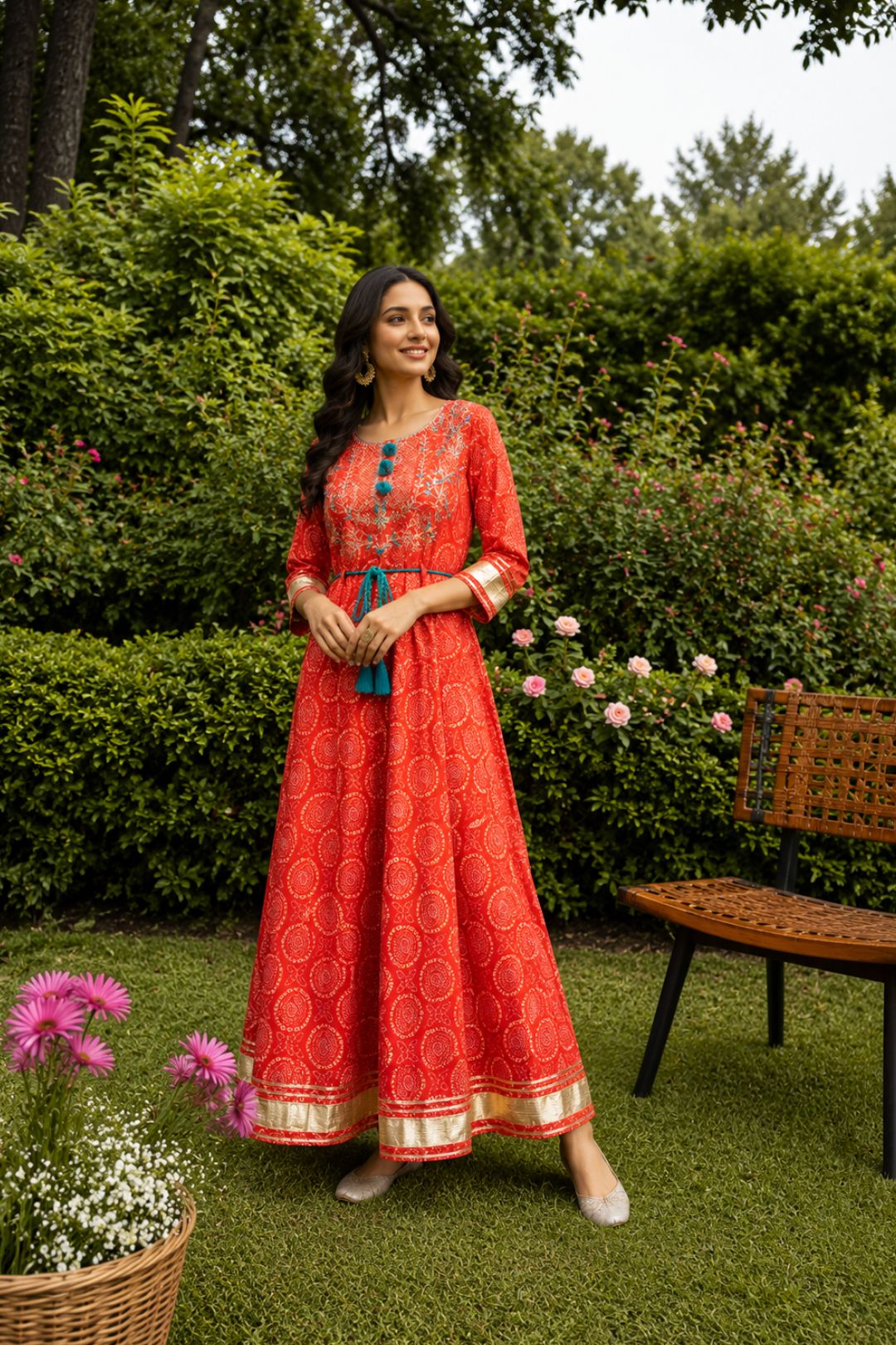 Red Handcrafted Gota Patti Bandhani Dress
