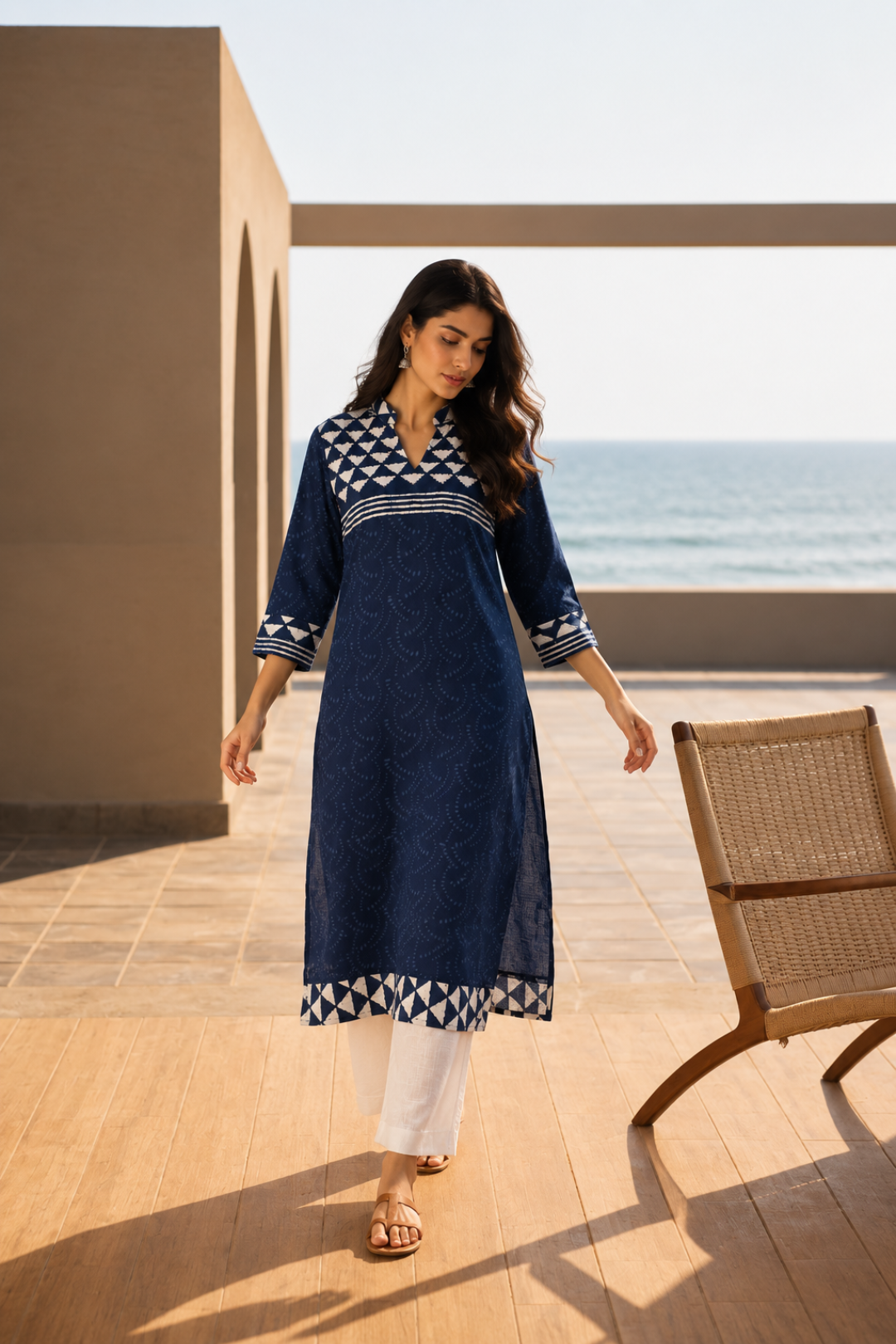 Indigo hand block printed straight cotton kurta