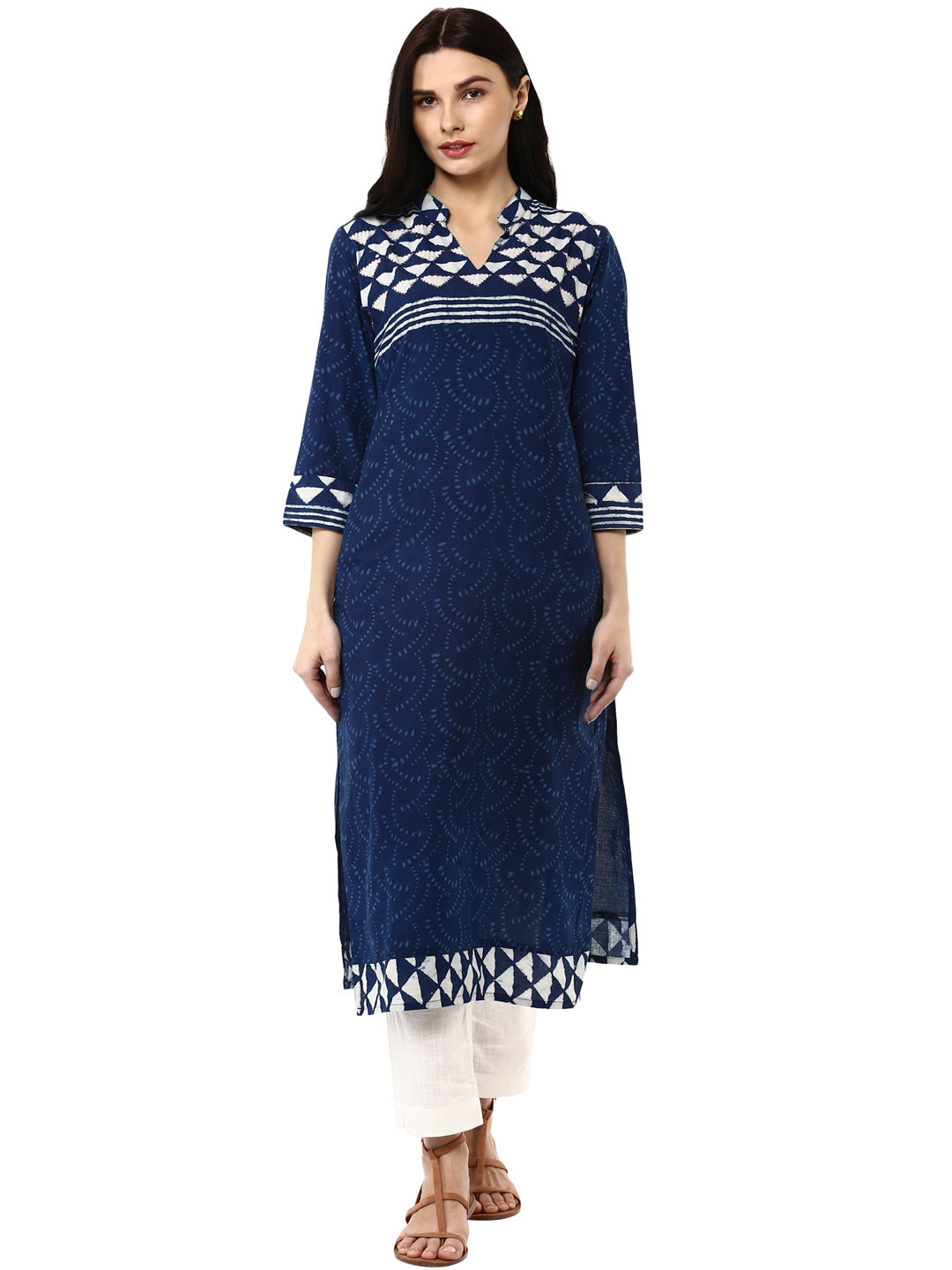 Indigo hand block printed straight cotton kurta