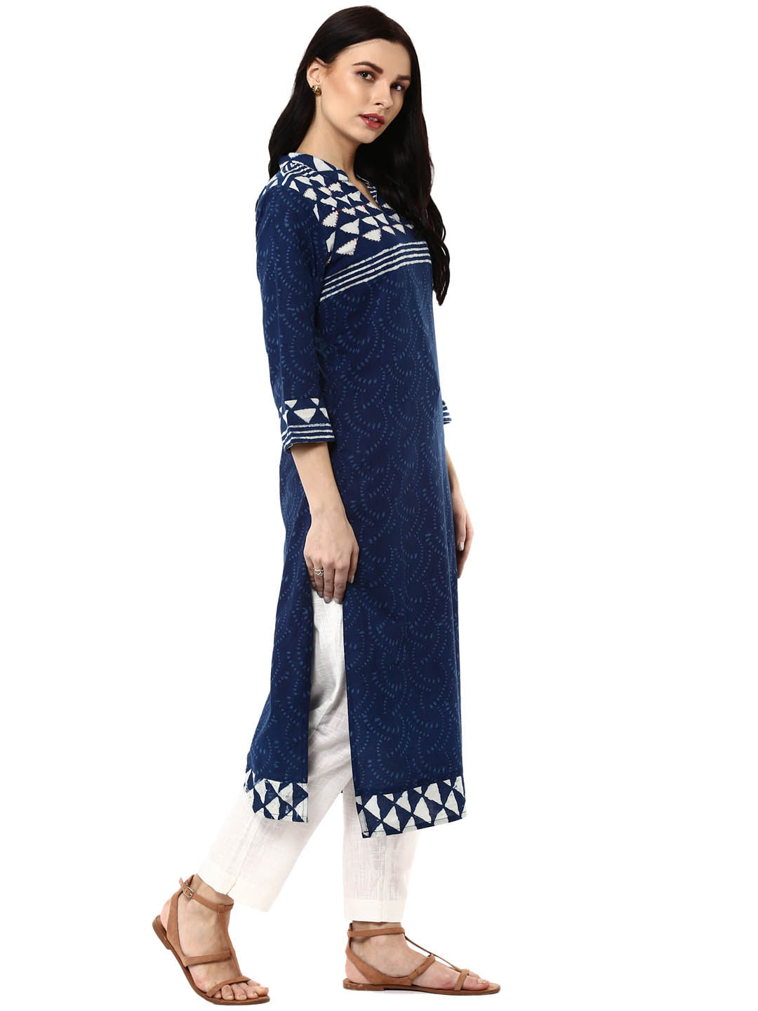 Indigo hand block printed straight cotton kurta
