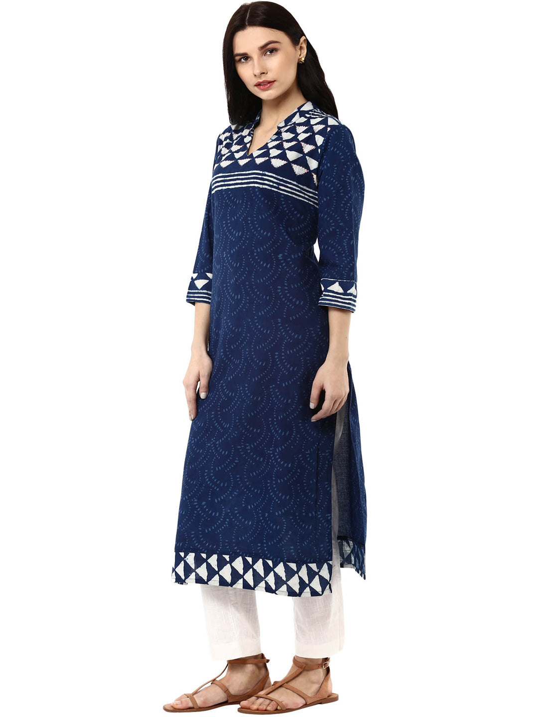 Indigo hand block printed straight cotton kurta