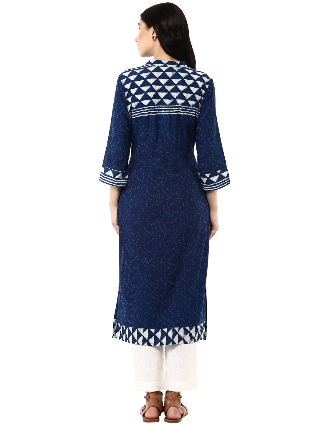 Indigo hand block printed straight cotton kurta