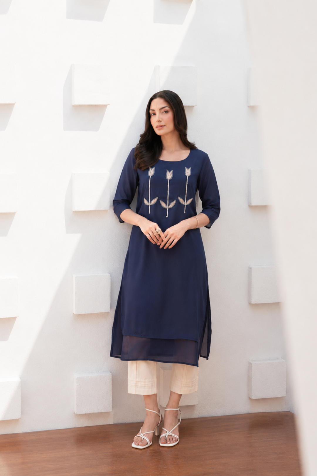 Navy Blue Hand Embroidered Straight Rayon Kurta
