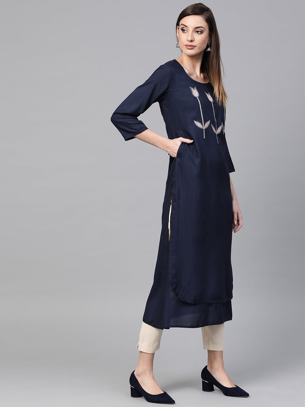 Navy Blue Hand Embroidered Straight Rayon Kurta