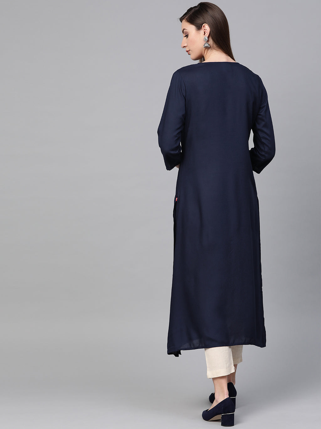 Navy Blue Hand Embroidered Straight Rayon Kurta