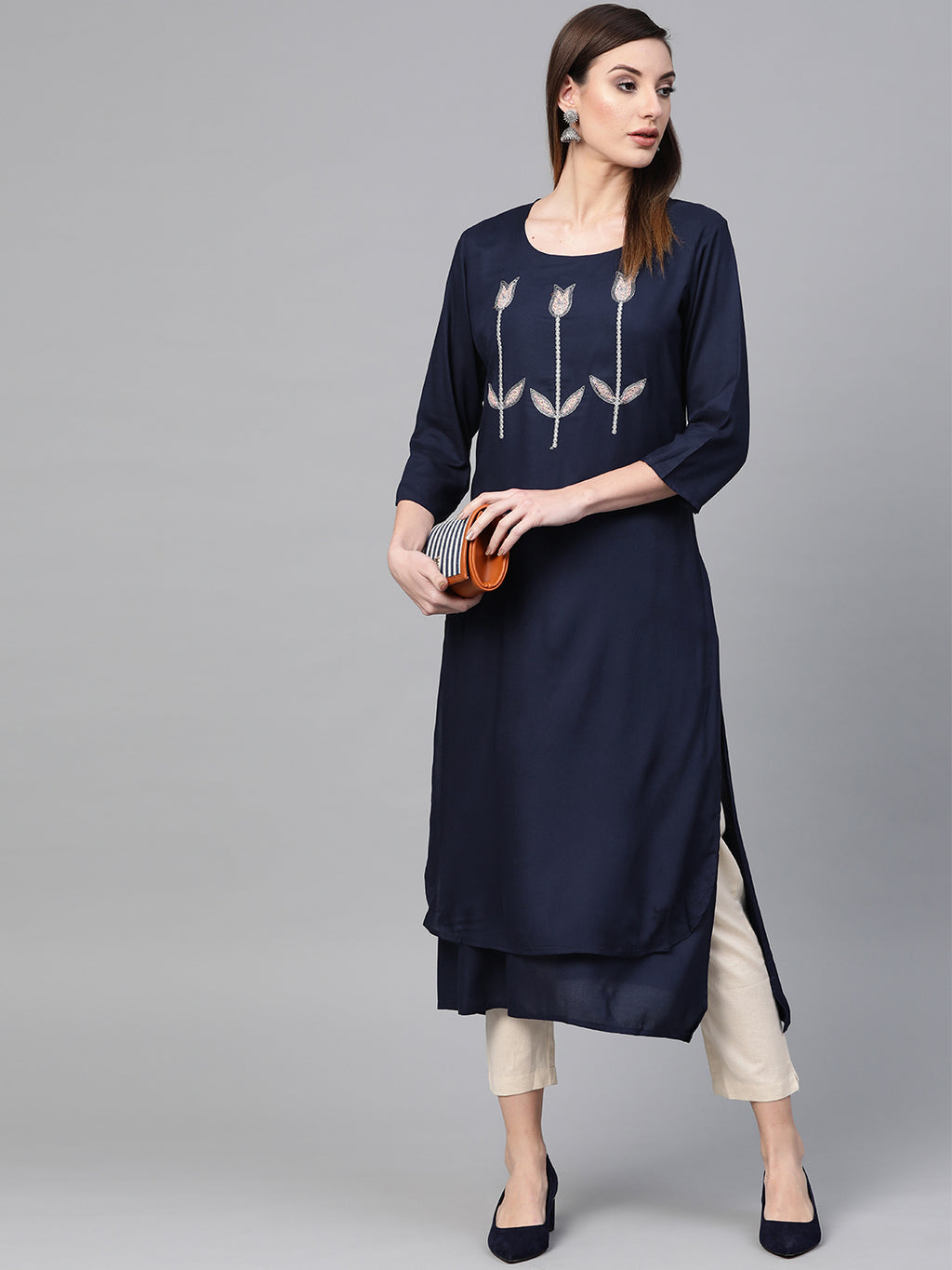 Navy Blue Hand Embroidered Straight Rayon Kurta