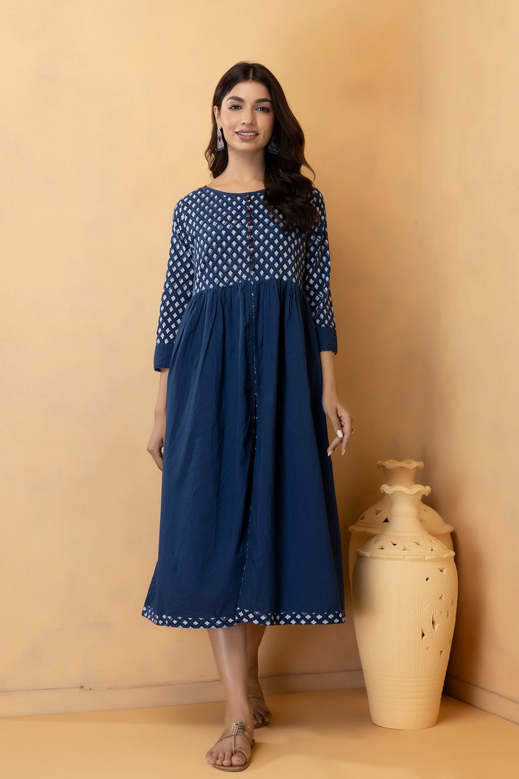 Indigo Handblock Printed Pure Cotton Maxi Dress