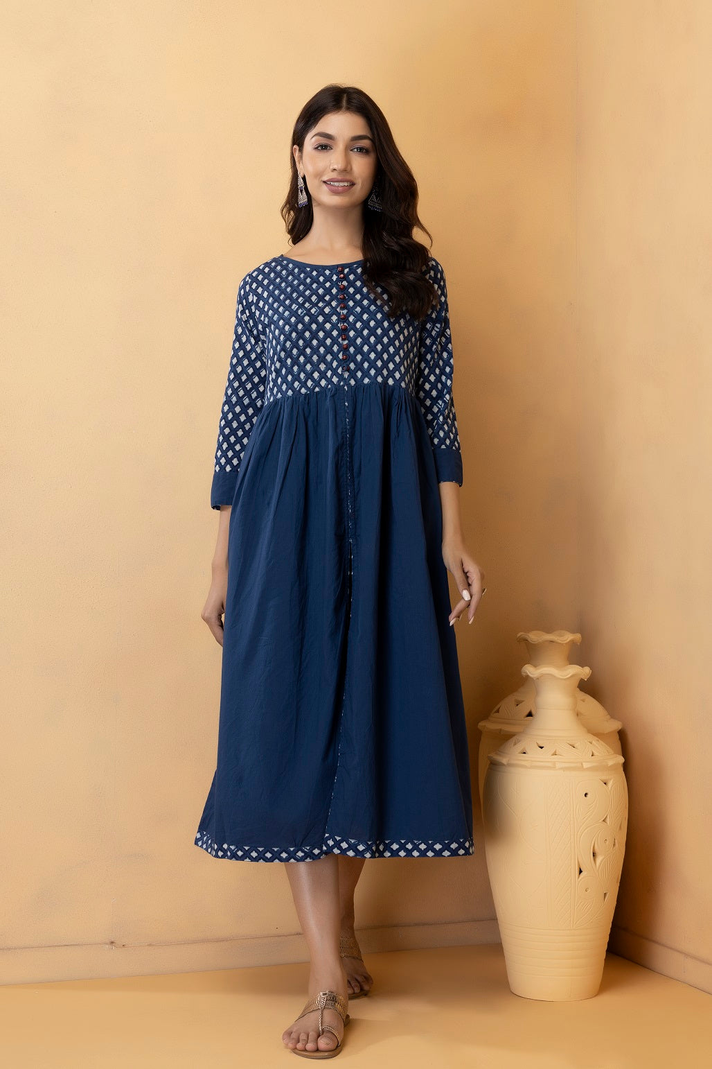 Indigo Handblock Printed Pure Cotton Maxi Dress