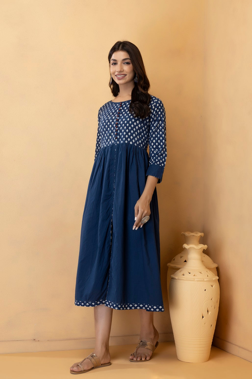 Indigo Handblock Printed Pure Cotton Maxi Dress