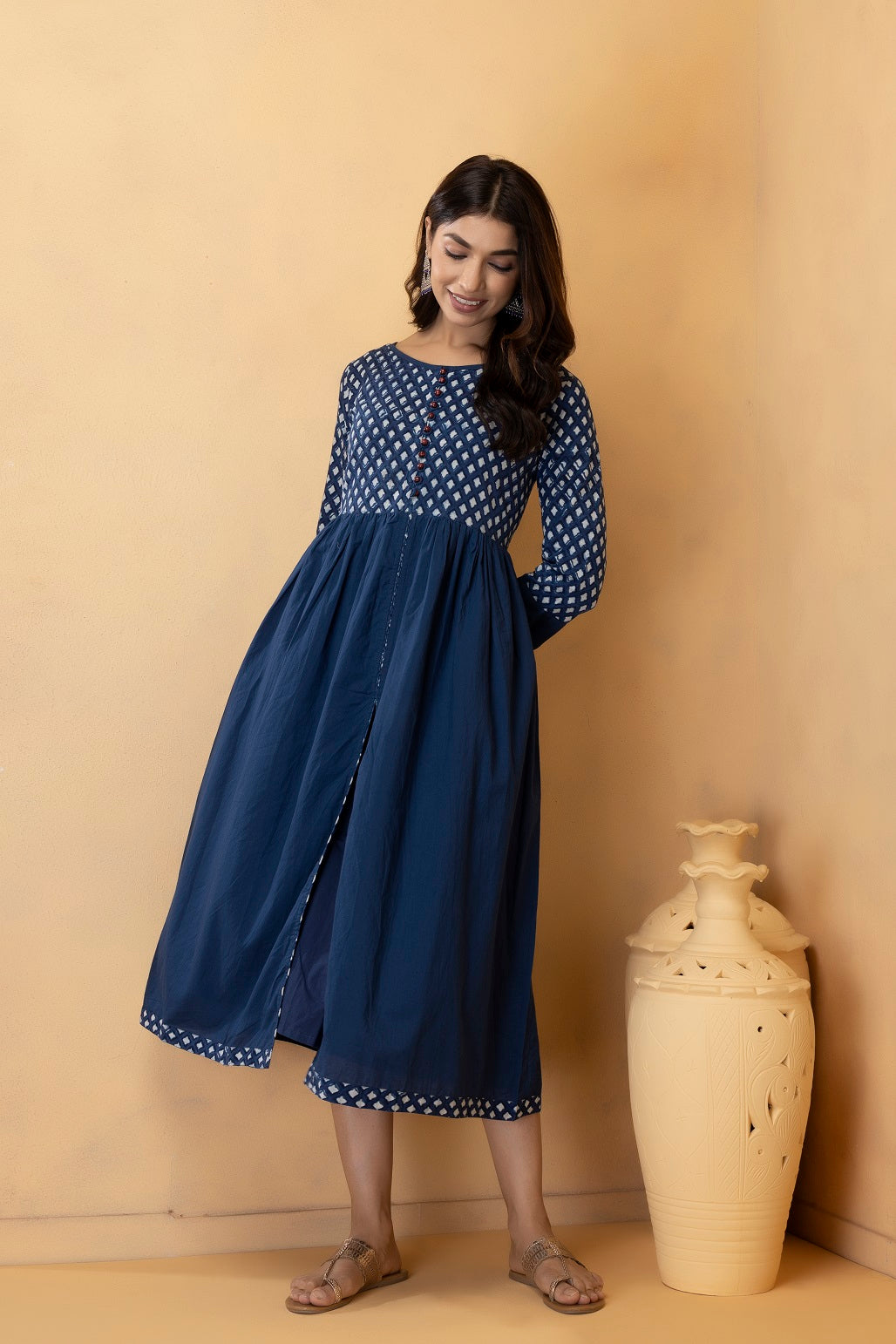 Indigo Handblock Printed Pure Cotton Maxi Dress