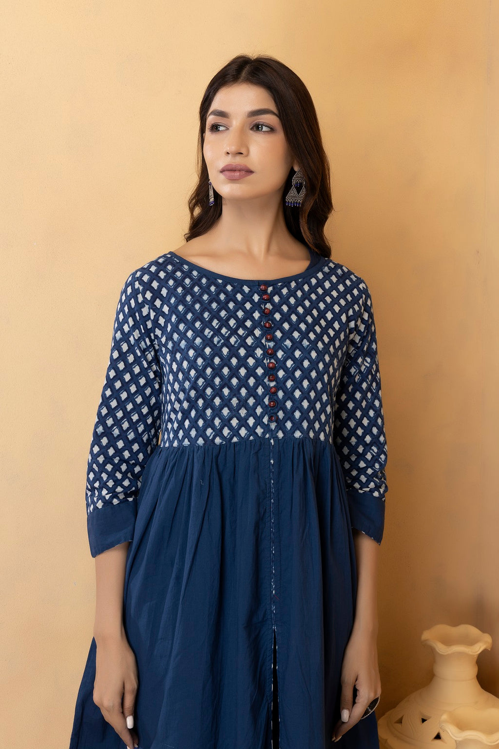 Indigo Handblock Printed Pure Cotton Maxi Dress