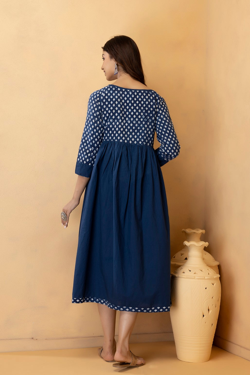 Indigo Handblock Printed Pure Cotton Maxi Dress