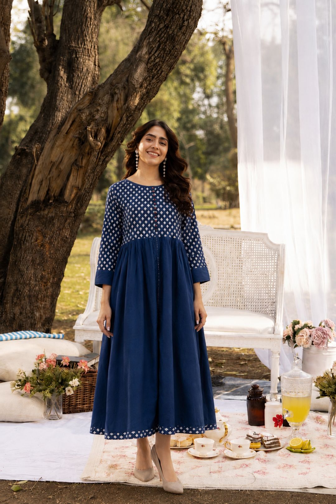 Indigo Handblock Printed Pure Cotton Maxi Dress