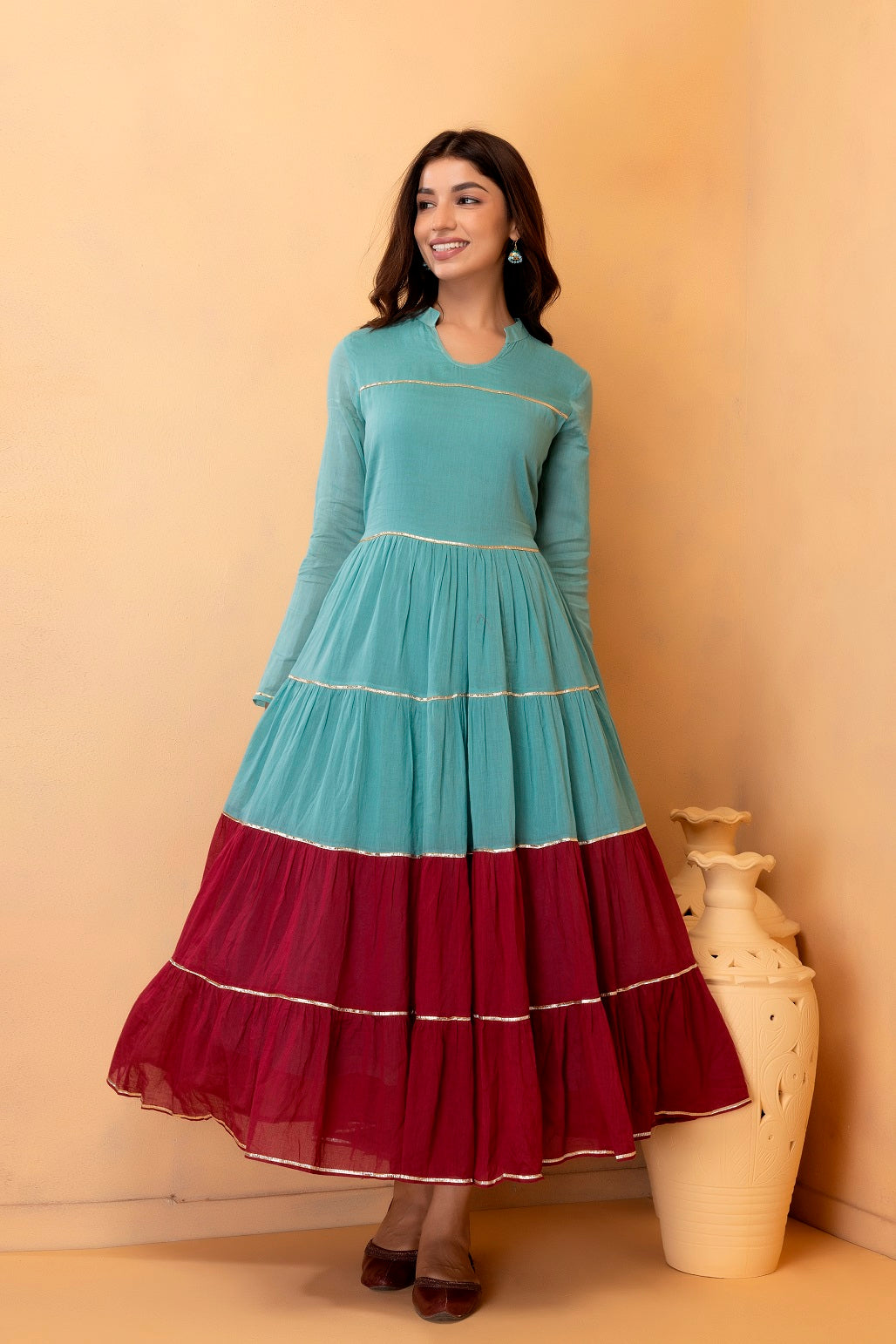 Green And Maroon Hand-Dyed Cotton Maxi Dress