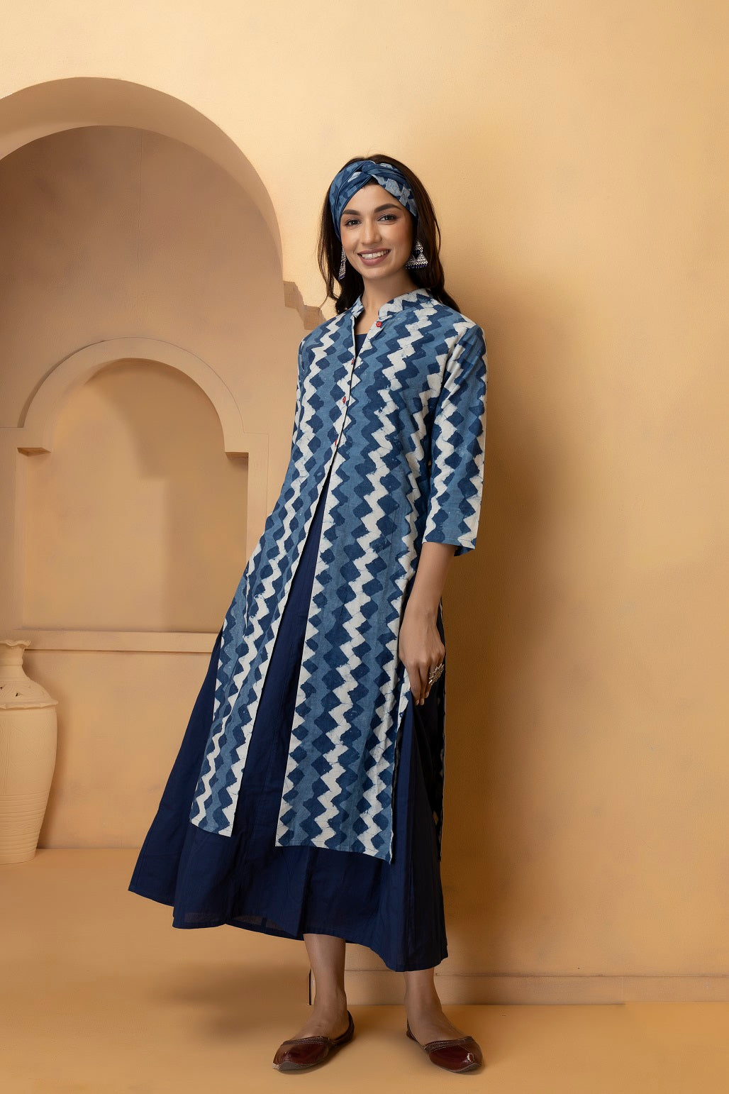 Indigo Hand Block Printed Two Piece Long Pure Cotton Dress