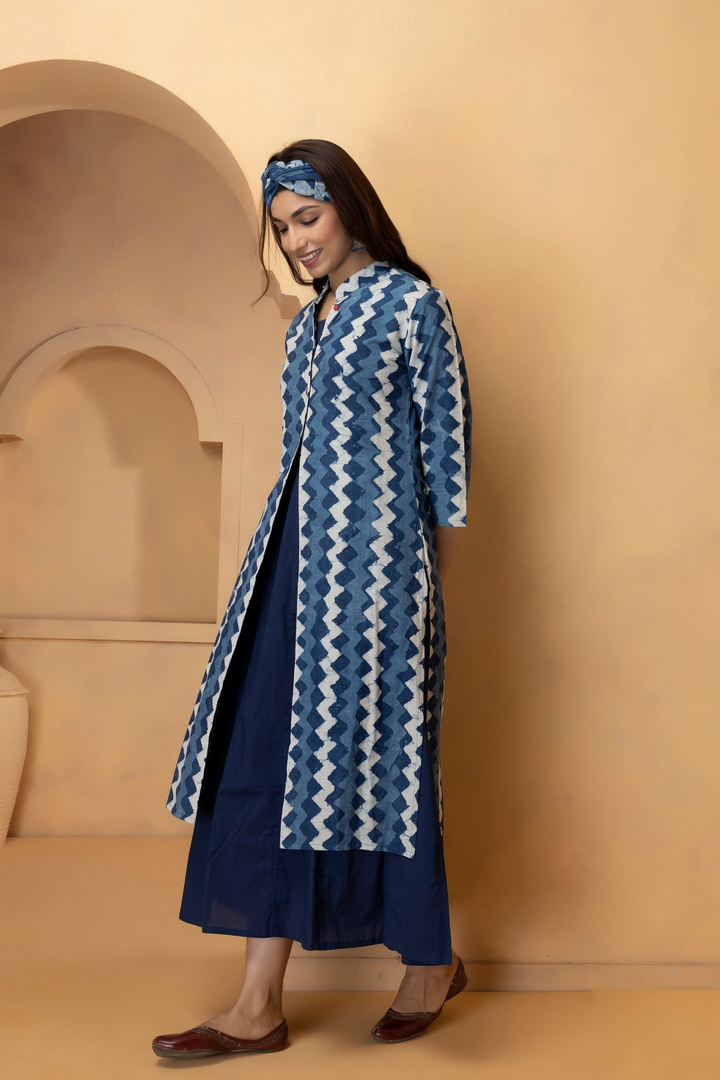 Indigo Hand Block Printed Two Piece Long Pure Cotton Dress