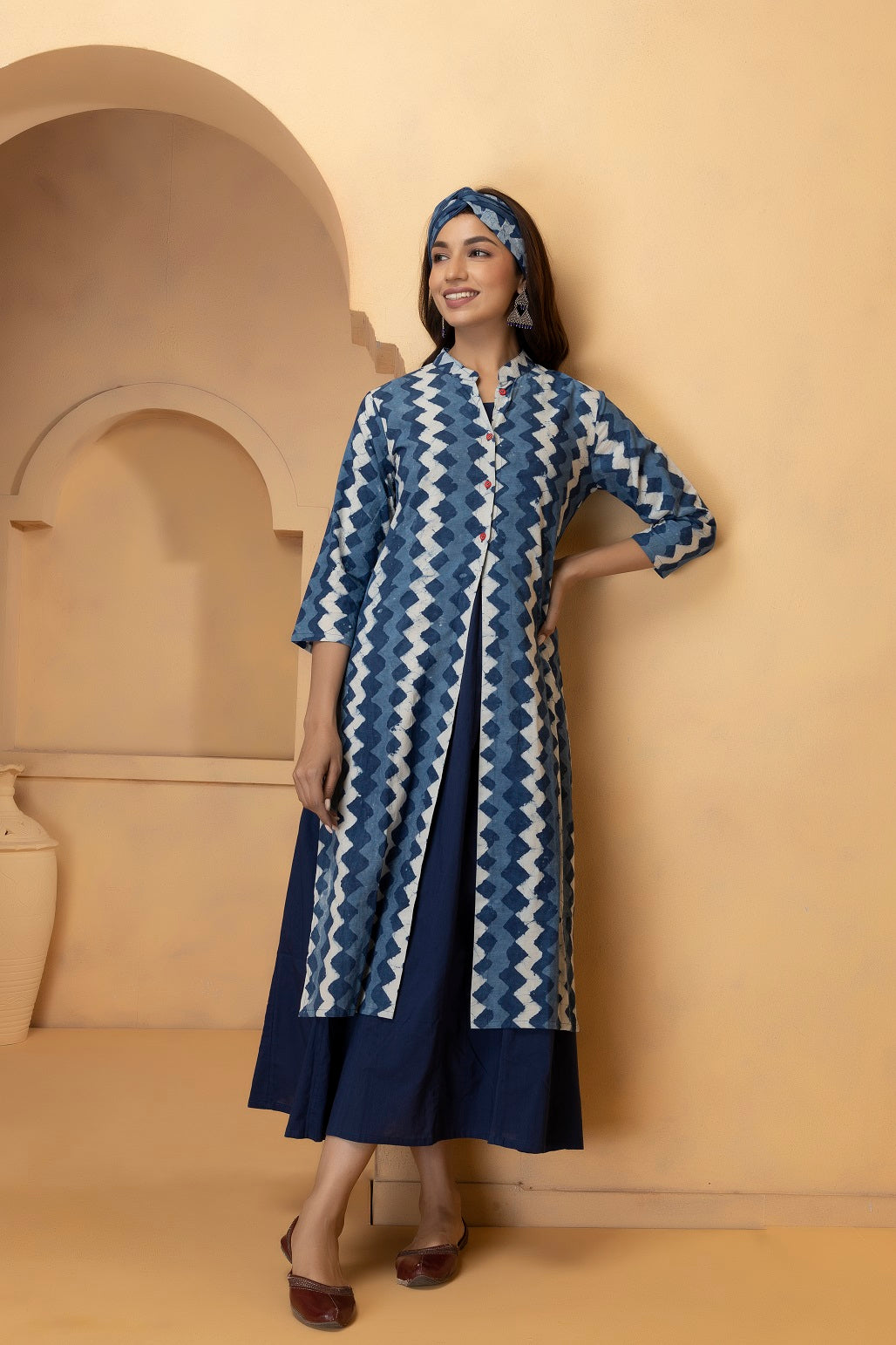 Indigo Hand Block Printed Two Piece Long Pure Cotton Dress