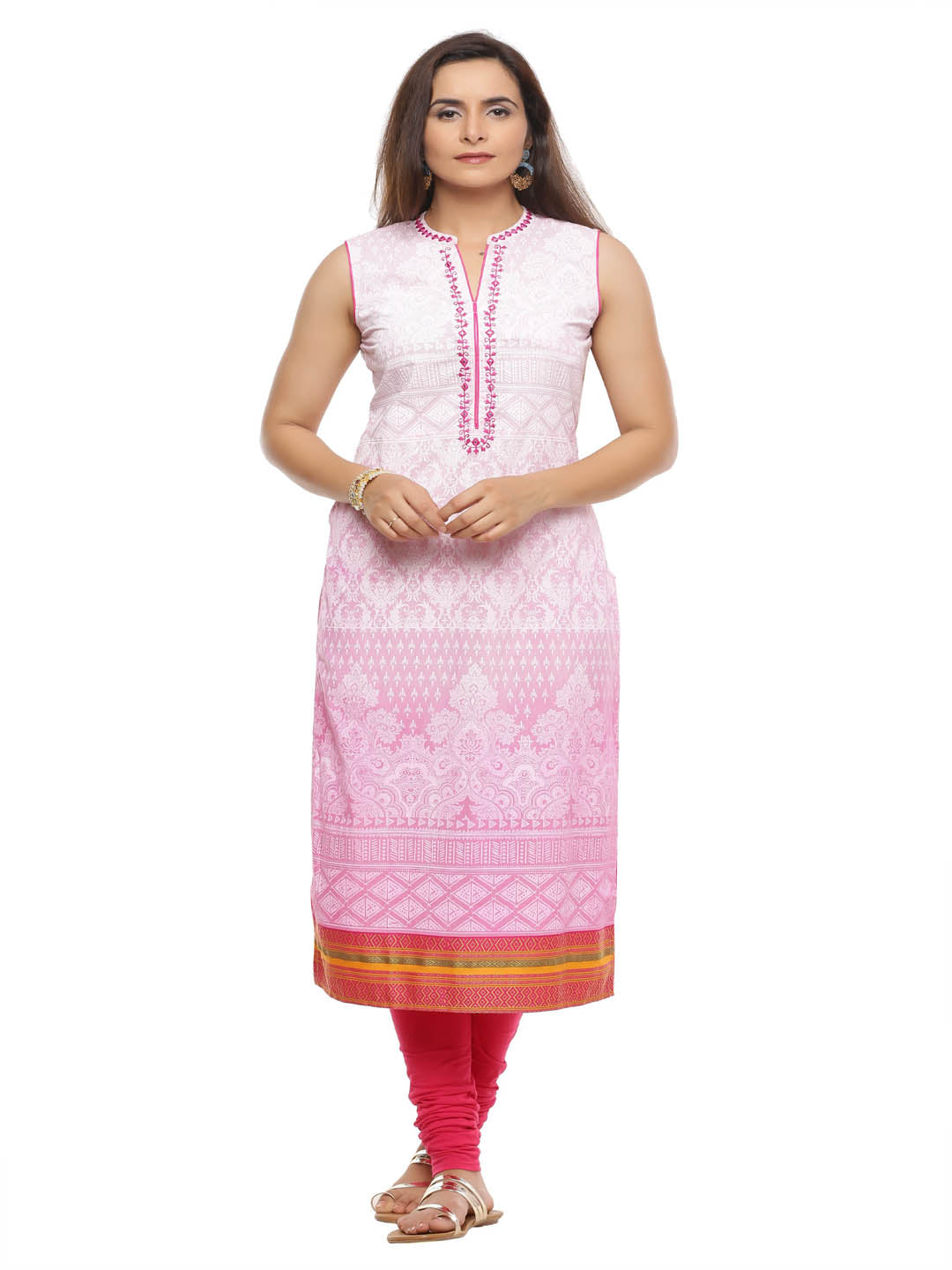 Pink Hand Embroidered Sleeveless Cotton Kurta