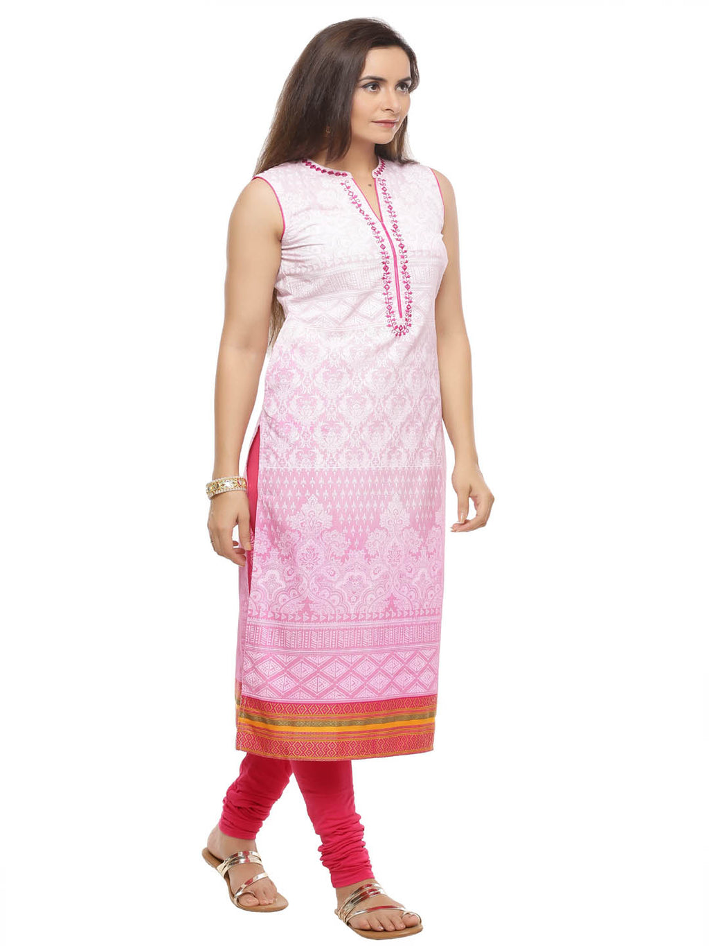 Pink Hand Embroidered Sleeveless Cotton Kurta