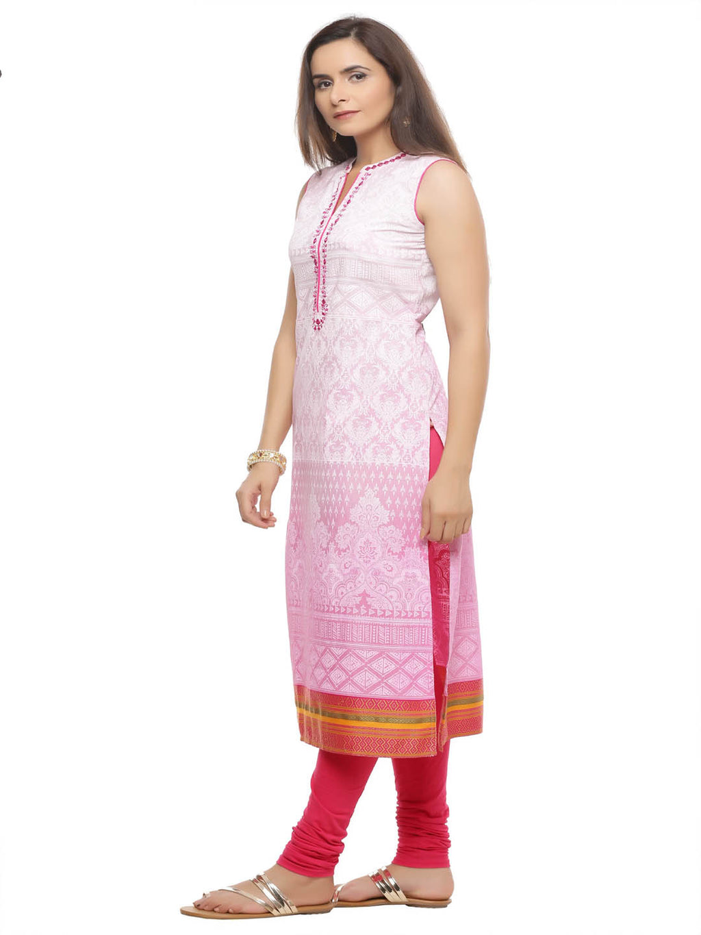 Pink Hand Embroidered Sleeveless Cotton Kurta
