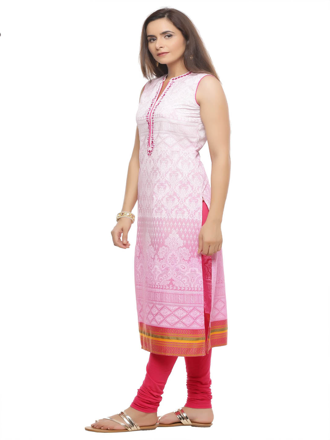 Pink Hand Embroidered Sleeveless Cotton Kurta