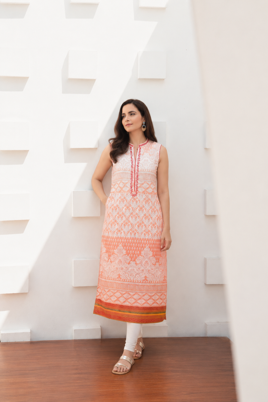 Peach Hand Embroidered Sleeveless Cotton Kurta