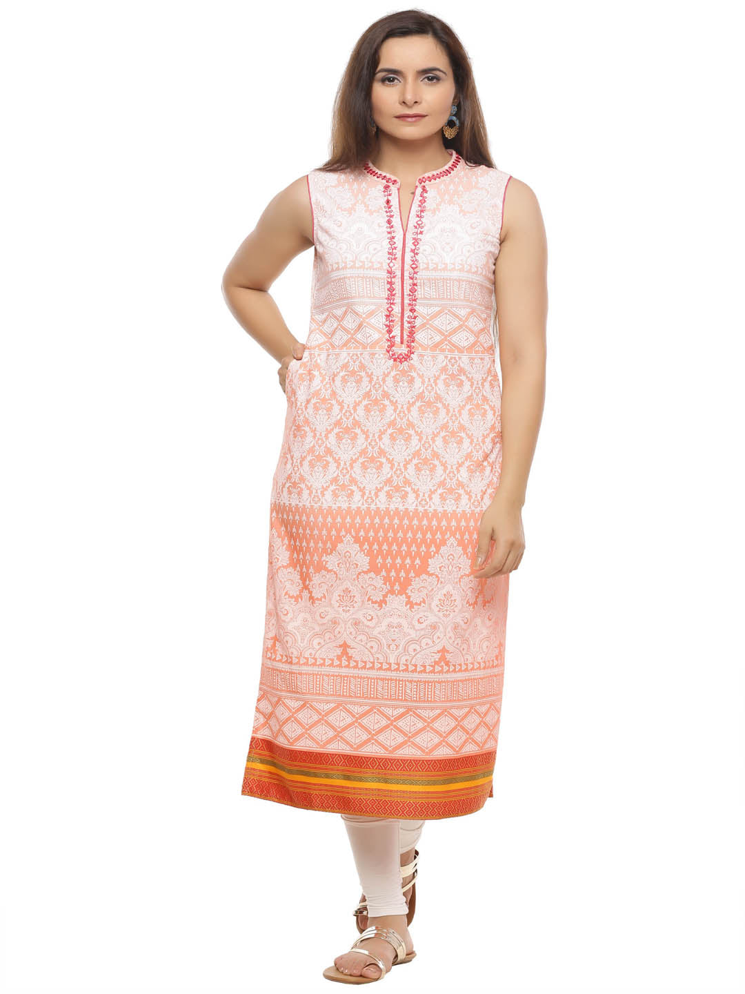 Peach Hand Embroidered Sleeveless Cotton Kurta