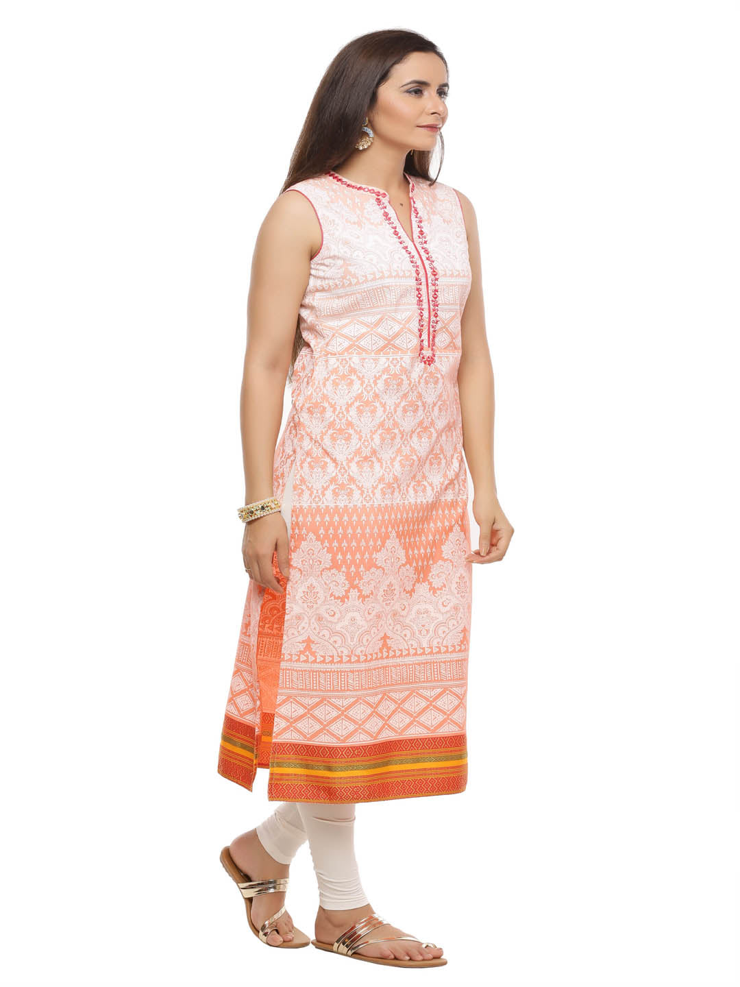 Peach Hand Embroidered Sleeveless Cotton Kurta