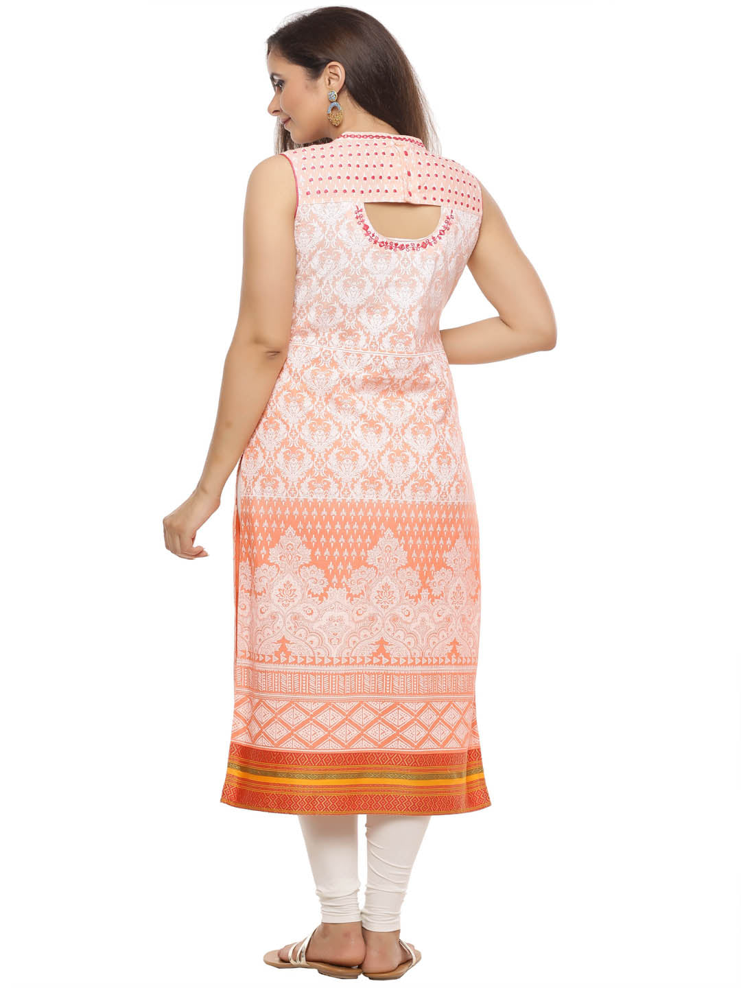 Peach Hand Embroidered Sleeveless Cotton Kurta
