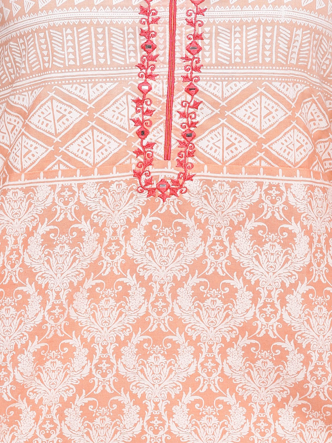 Peach Hand Embroidered Sleeveless Cotton Kurta