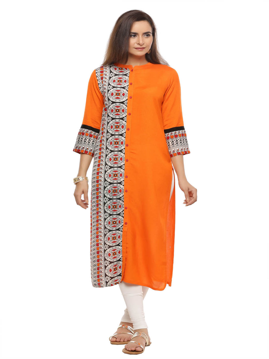 Orange Ethnic Motifs Printed Straight Kurta