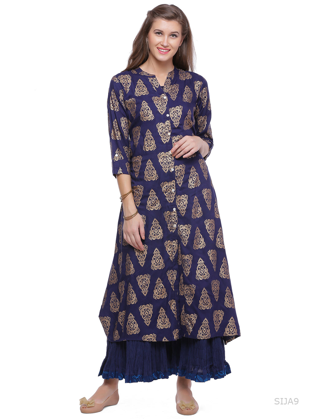 Blue Woven Printed A-Line Cotton Kurta