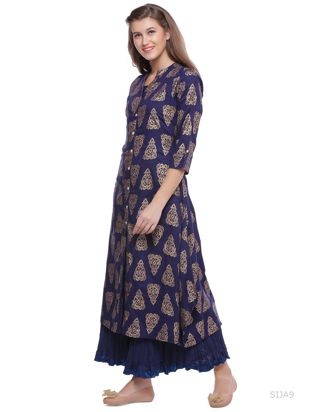 Blue Woven Printed A-Line Cotton Kurta