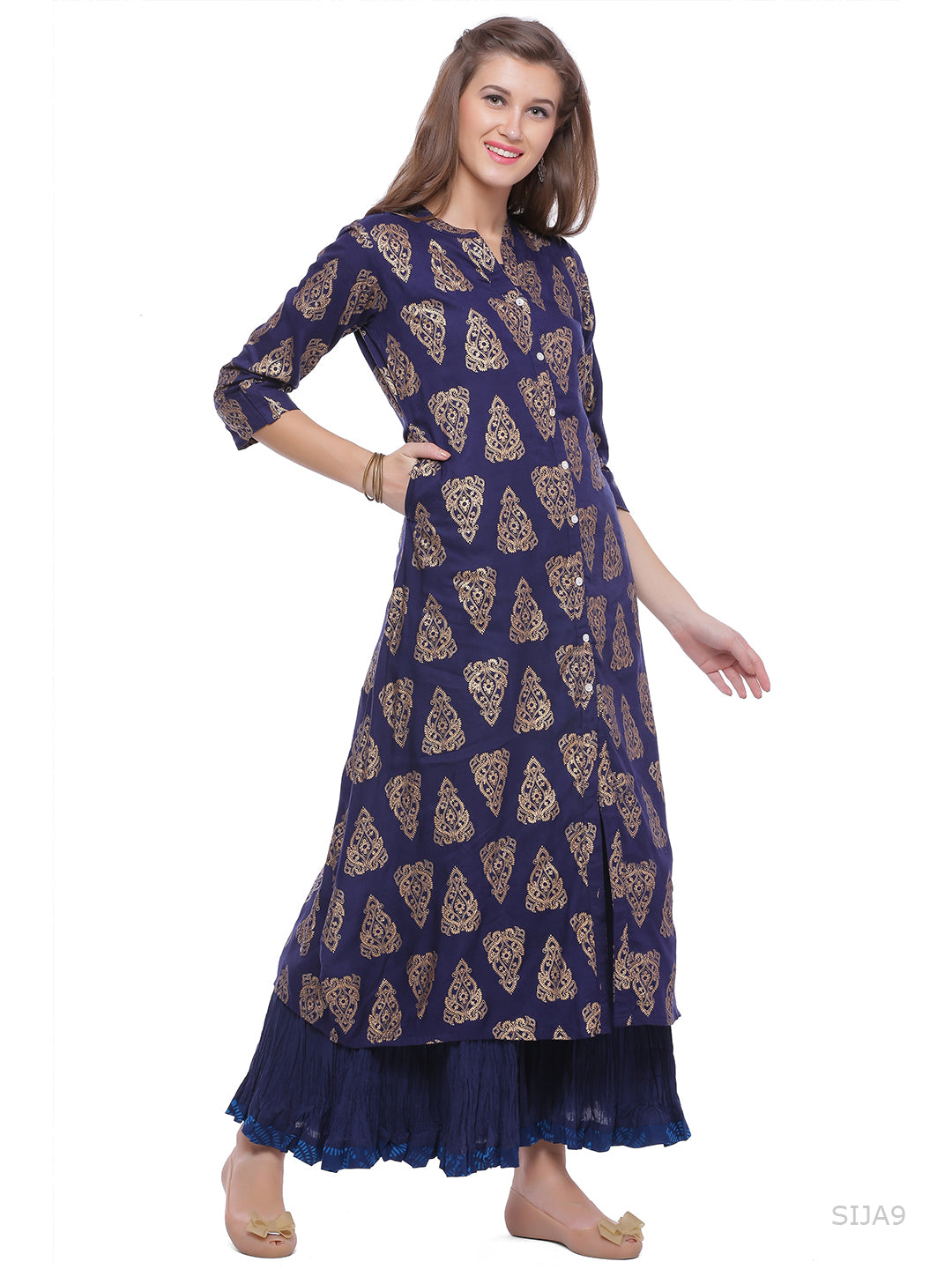 Blue Woven Printed A-Line Cotton Kurta