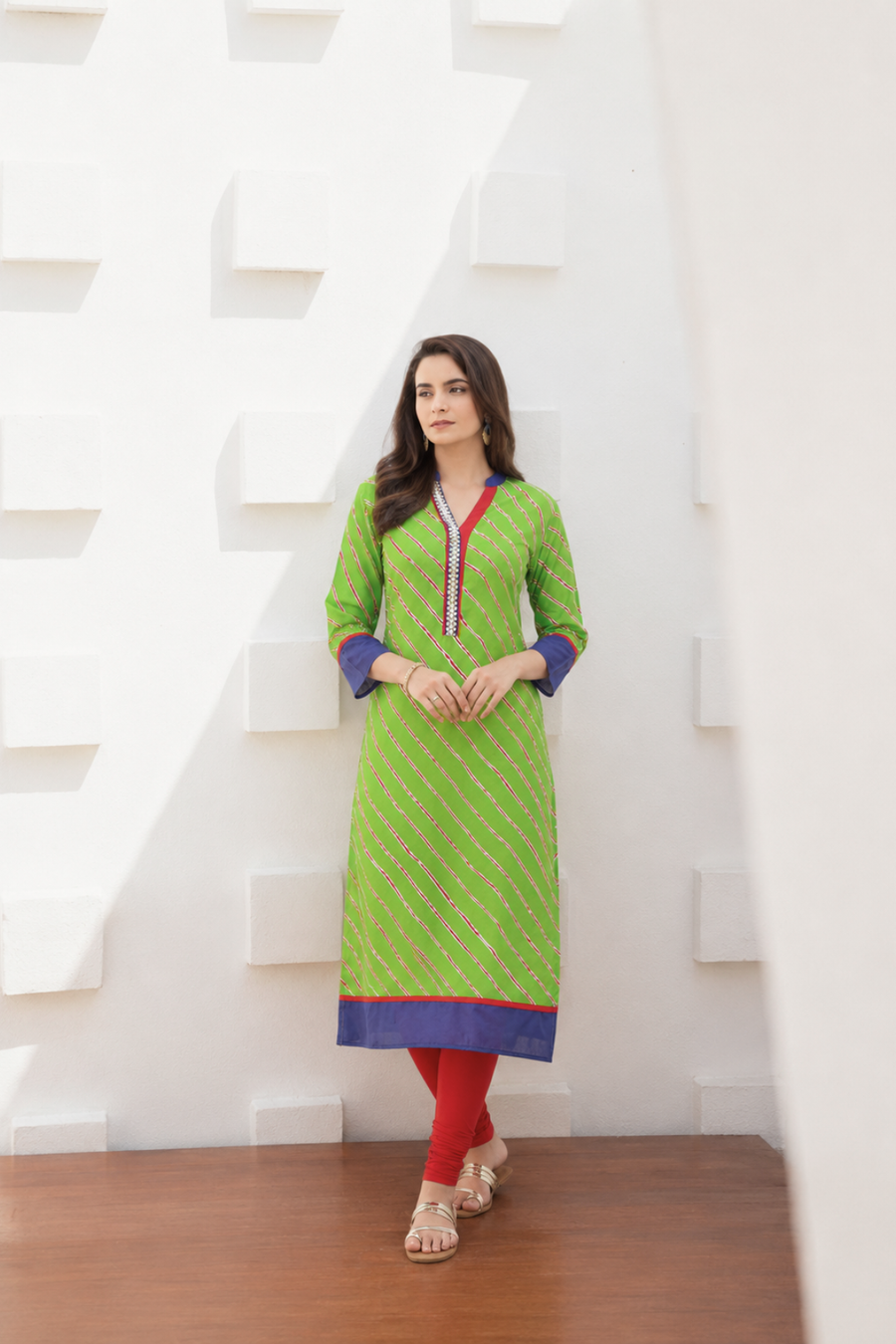 Green Leheriya Straight Cotton Sustainable Kurta