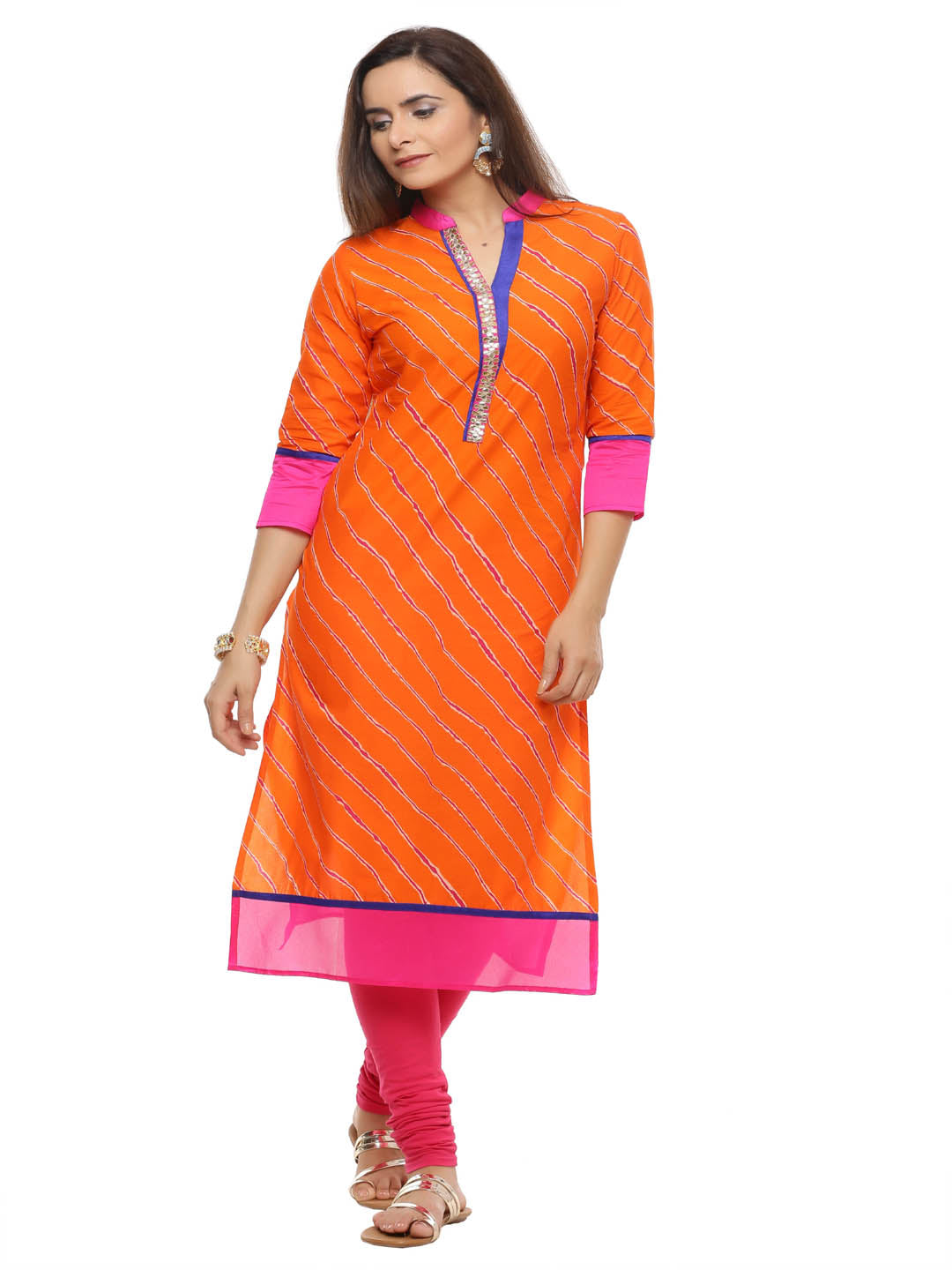 Orange Leheriya Straight Cotton Kurta