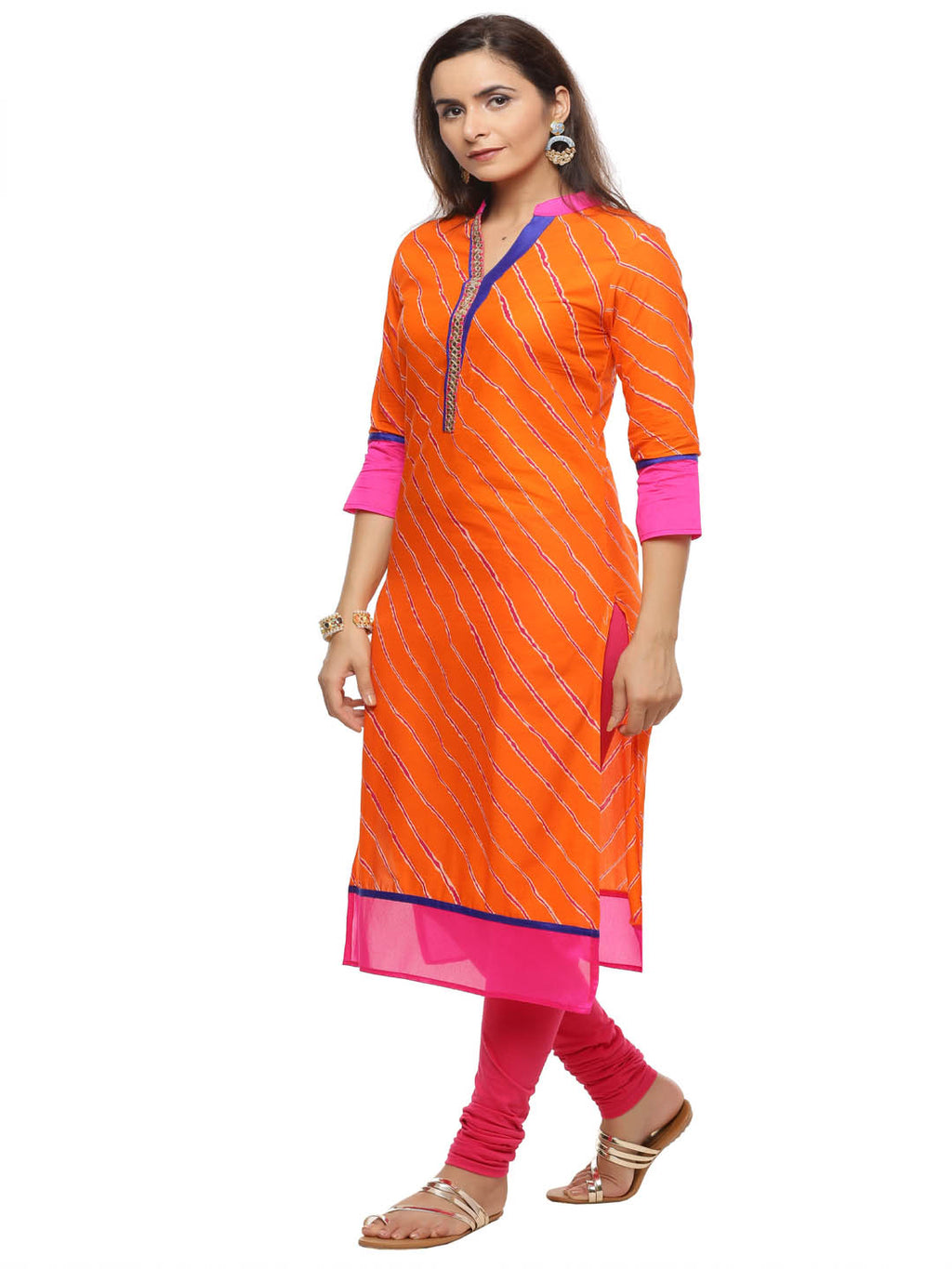 Orange Leheriya Straight Cotton Kurta