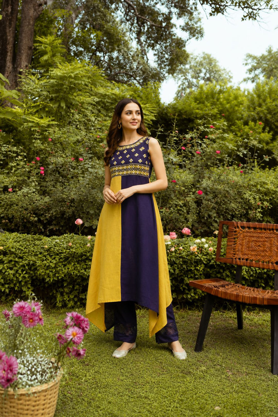 Yellow & Blue Hand Embroidered Cotton Kurta