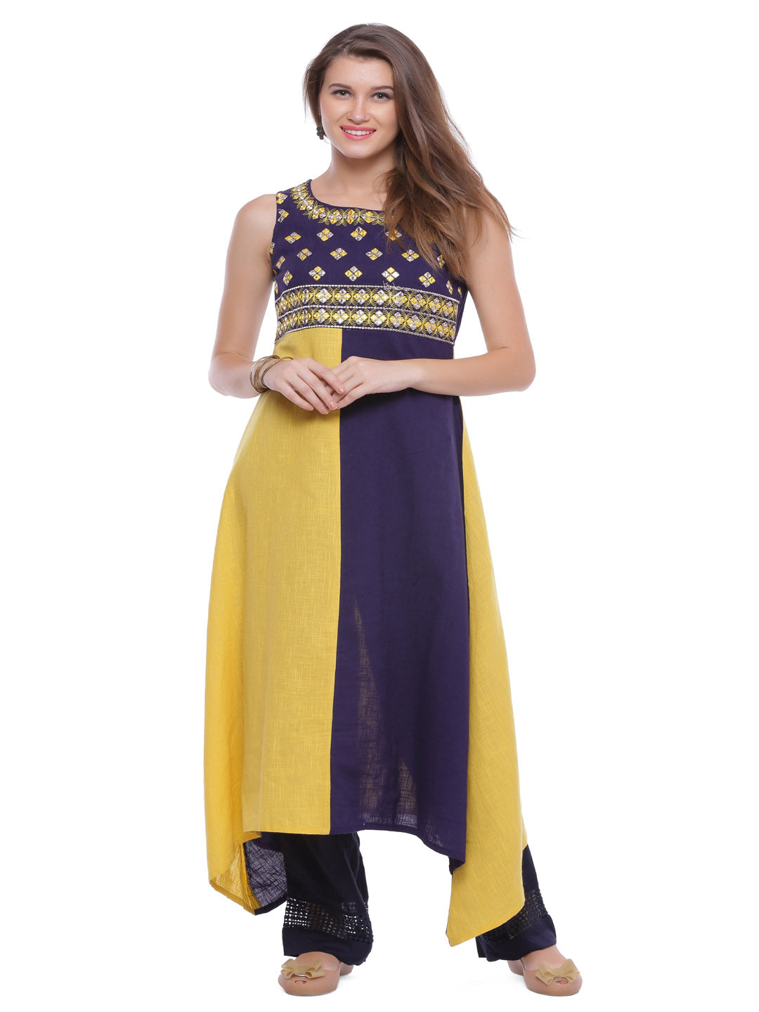 Yellow & Blue Hand Embroidered Cotton Kurta