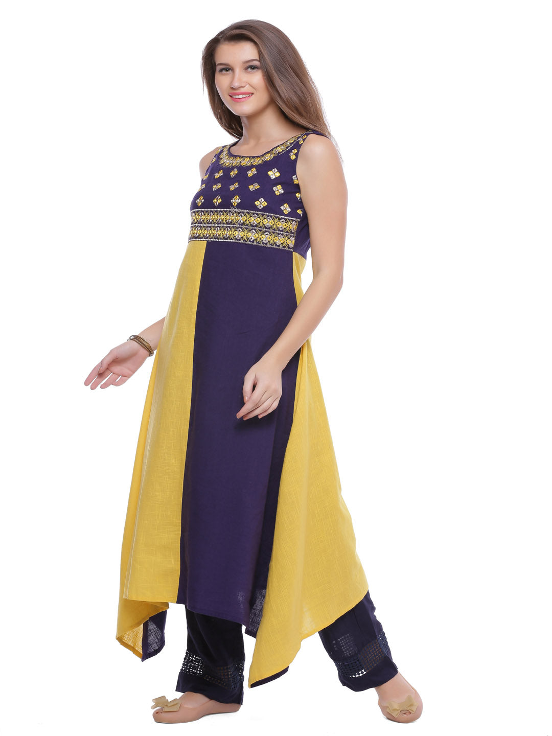 Yellow & Blue Hand Embroidered Cotton Kurta