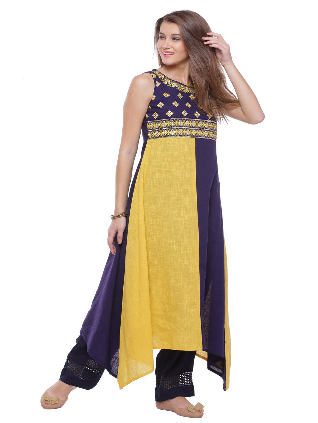 Yellow & Blue Hand Embroidered Cotton Kurta