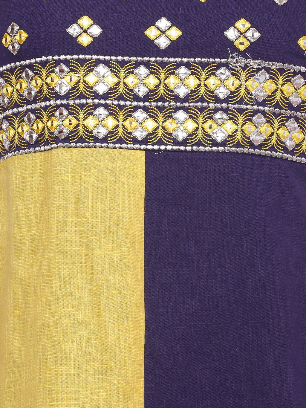 Yellow & Blue Hand Embroidered Cotton Kurta