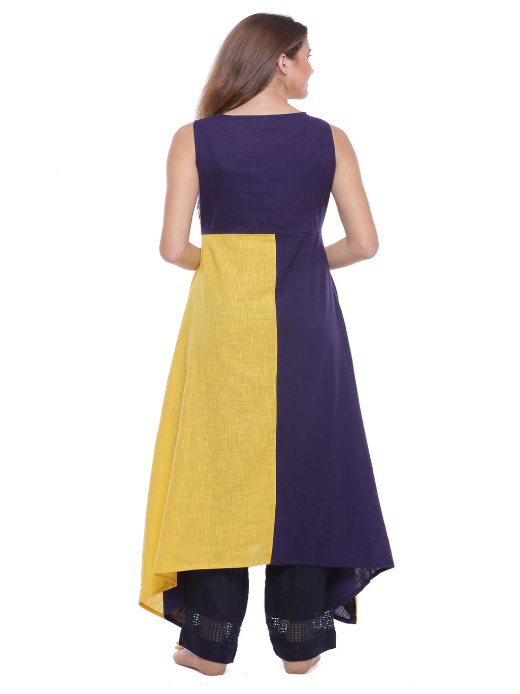 Yellow & Blue Hand Embroidered Cotton Kurta