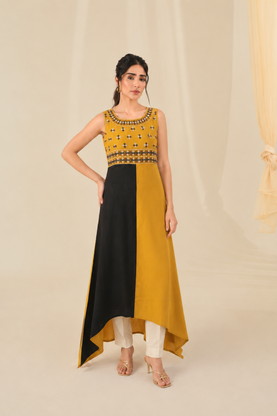 Yellow & Black Hand Embroidered Cotton Kurta