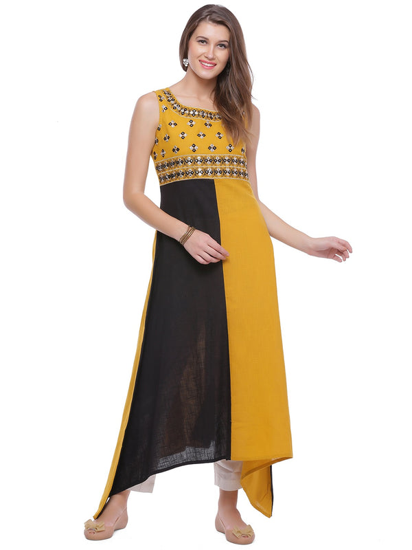 Yellow & Black Hand Embroidered Cotton Kurta