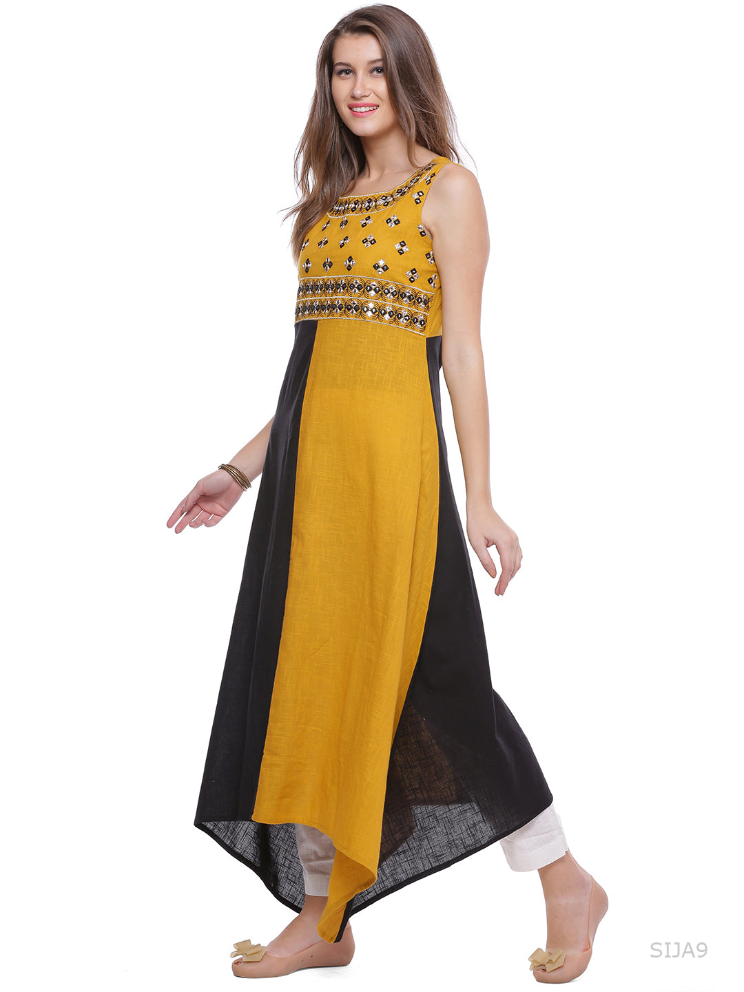 Yellow & Black Hand Embroidered Cotton Kurta