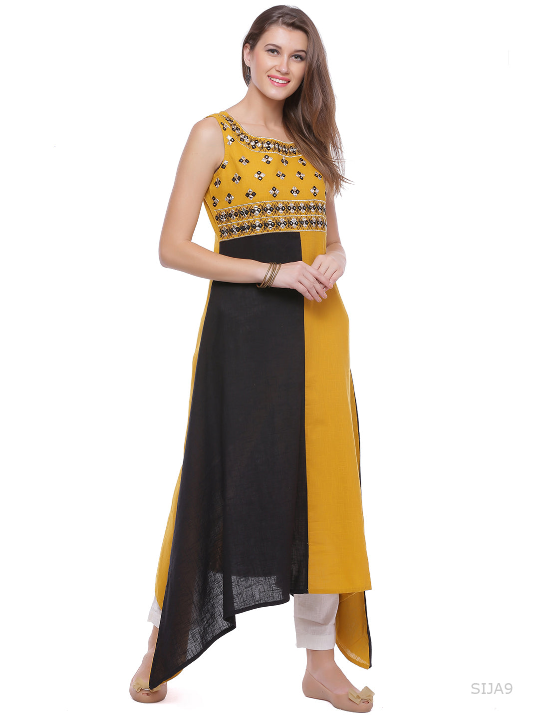 Yellow & Black Hand Embroidered Cotton Kurta