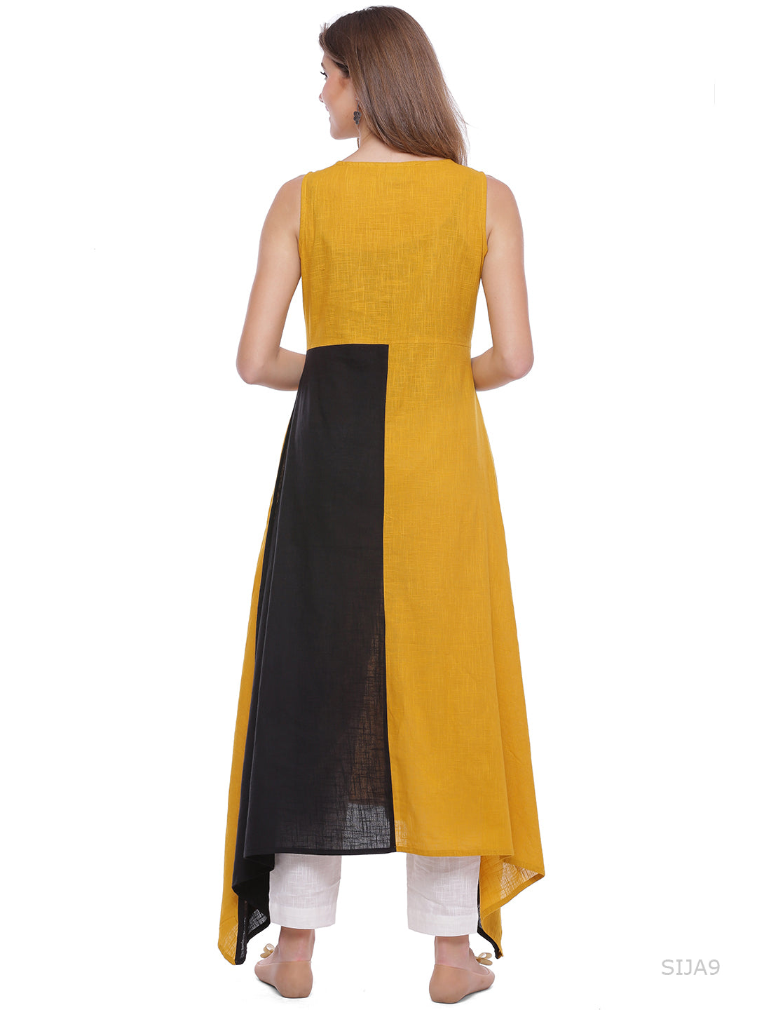 Yellow & Black Hand Embroidered Cotton Kurta